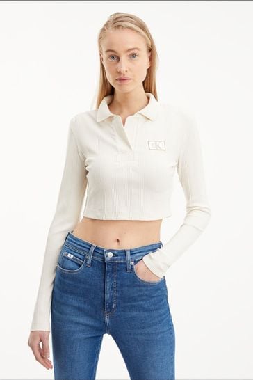 Calvin Klein Jeans Polo Collared Long Sleeve White Top