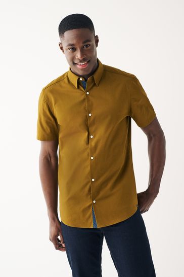 Mustard yellow button up shirt short sleeve sales