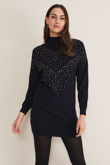 Phase Eight Blue Helena Gold Stud Knit Dress