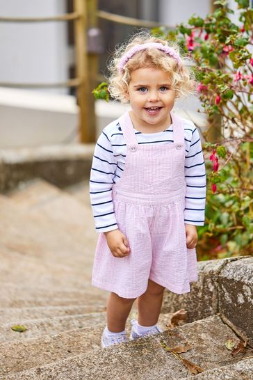 JoJo Maman Bébé Pink Seersucker Stripe Culotte Dungarees