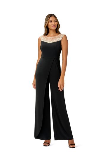 Adrianna Papell Pearl Beaded Jersey Black Jumpsuit