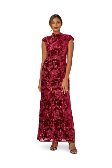 Adrianna Papell Red Mock Neck Velvet Sequin Gown