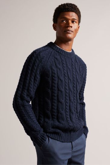 Ted Baker Navy Blue Skua Long Sleeved Cable Knit Crew Neck Jumper