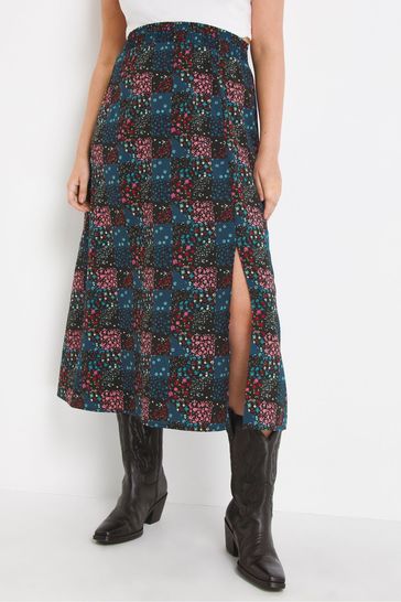 Simply Be Blue Patchwork Mixed Print Side Split Midi Skirt