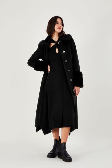 Monsoon Black Faux Fur Trim Felicity Belted Wool Blend V Coat