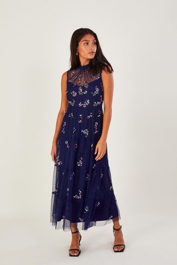 Monsoon Blue Suzie Spot Mesh Embellished Midi Dress