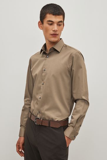 Neutral Brown Regular Fit Easy Care Textured Shirt