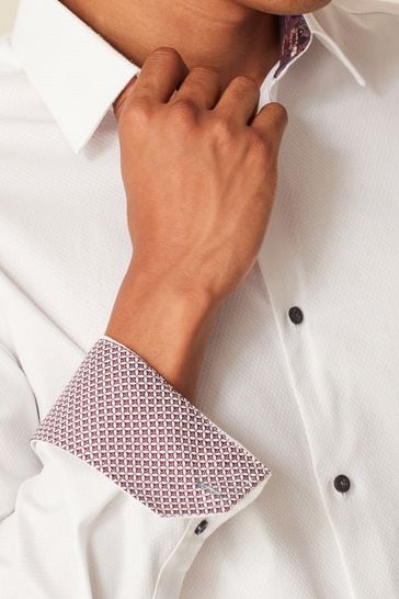 White Slim Fit Cotton Textured Trimmed Single Cuff Shirt
