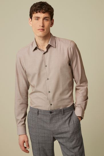 Neutral Brown Slim Fit Textured Trimmed Single Cuff Shirt