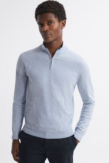 Reiss Sky Blue Melange Bond Half Zip Funnel Neck Cotton Jumper