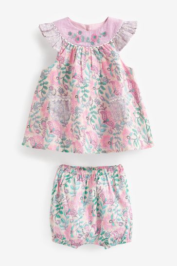 Pink Floral Baby 2 Piece Woven Top and Short set (0mths-2yrs)