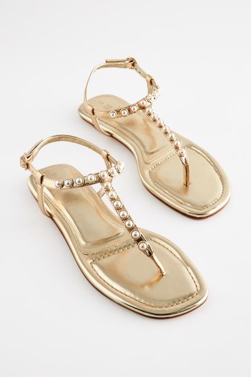 Buy Gold Pearl Detail Toe Post Flat Sandals from Next Luxembourg
