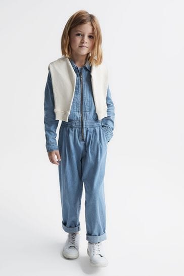 Reiss Mid Blue Molly Junior Denim Zip Front Jumpsuit