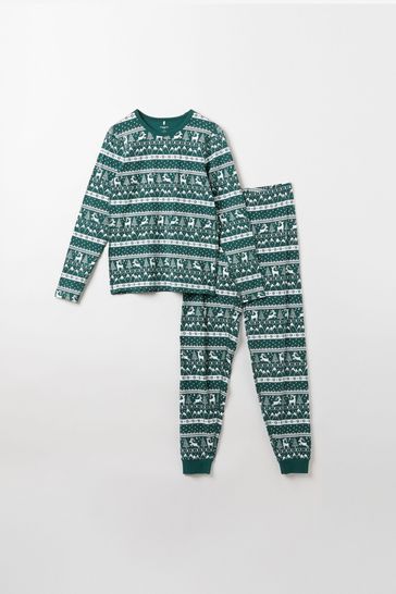 Polarn O. Pyret Green Organic Nordic Reindeer Print Pyjama Set