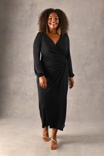 Live Unlimited Curve Ring Detail Wrap Jersey Midi Black Dress