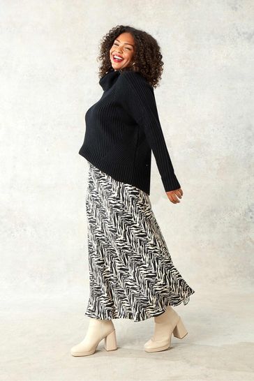 Live Unlimited Curve Zebra Print Bias Cut Black Skirt