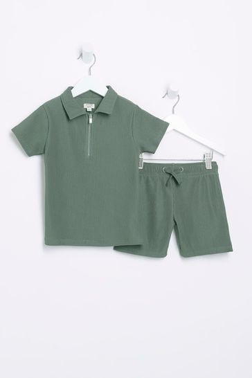 River Island Boys Khaki Green Plisse Polo Shorts Set