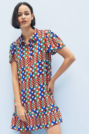 Multi Geo Print Mini Short Sleeve Shirt Dress