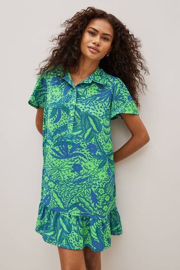 Celia Birtwell Green / Blue Floral Mini Short Sleeve Shirt Dress