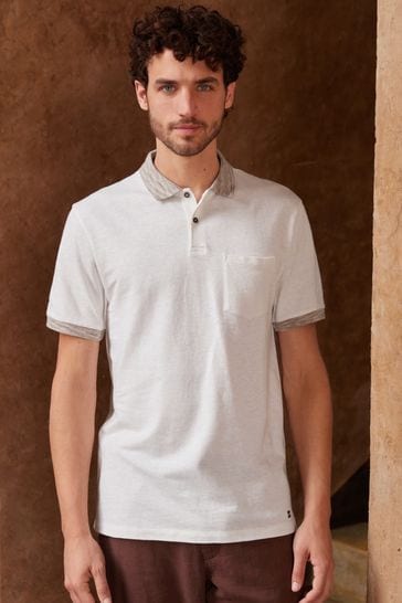 Ecru White Linen Blend Polo Shirt