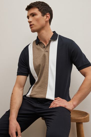 Tan Brown/Navy Blue Vertical Block Polo Shirt