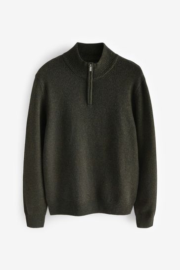 Buy Green Zip Neck Regular Signature Lambswool Jumper from Next Luxembourg