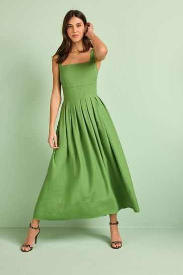 Green midi pleated dress online