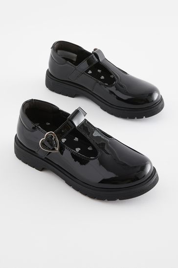 Black Standard Fit F School Leather Chunky T Bar Shoes