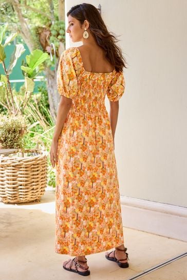 Square collar printed puff sleeve midi dress top