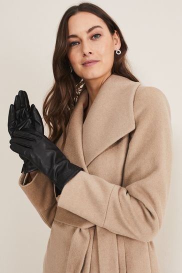 Phase Eight Black Pleat Detail Leather Gloves