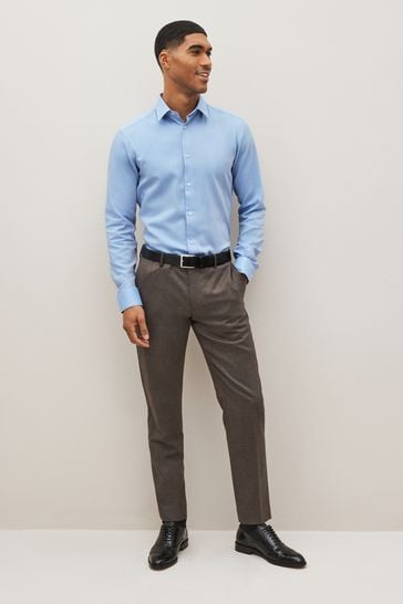 Grey Stripe/Blue Twill Slim Fit Trimmed Shirts 2 Pack