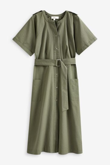 Buy Khaki Green Utility Midi Shirt Dress with Linen from Next Luxembourg