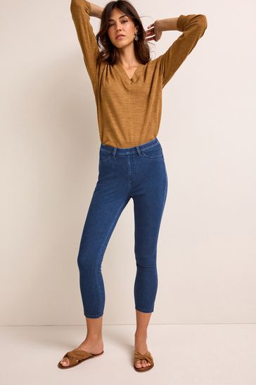Dark Blue Denim Cropped Denim Jersey Capri Leggings