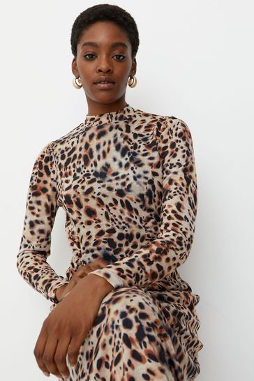 Oliver Bonas Leopard Print Mesh Brown Midi Dress