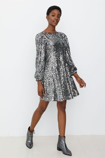 Oliver Bonas Silver Sequin Long Sleeve Mini Dress