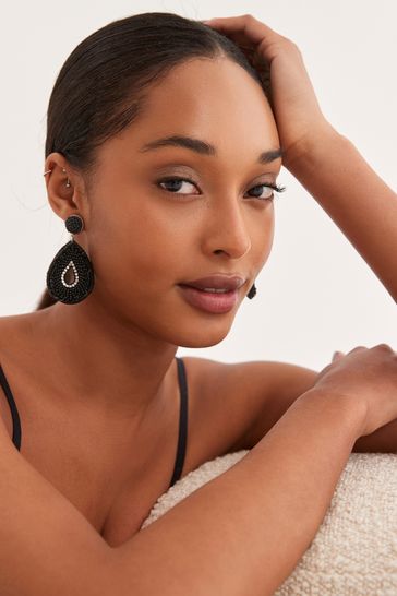 Buy Black Tear Drop Beaded Earrings from Next Luxembourg