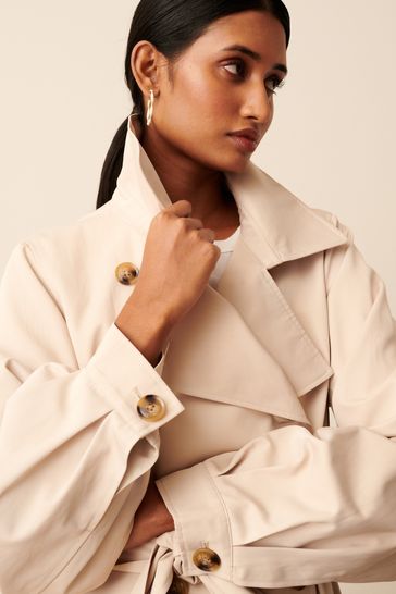 Buy Stone Cream Balloon Sleeve Belted Trench Coat from Next Luxembourg