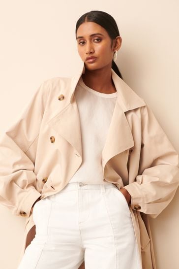 Buy Stone Cream Balloon Sleeve Belted Trench Coat from Next Luxembourg