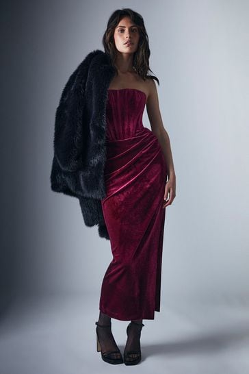Bardot Red Everlasting Velour Midi Dress with Thigh High Split