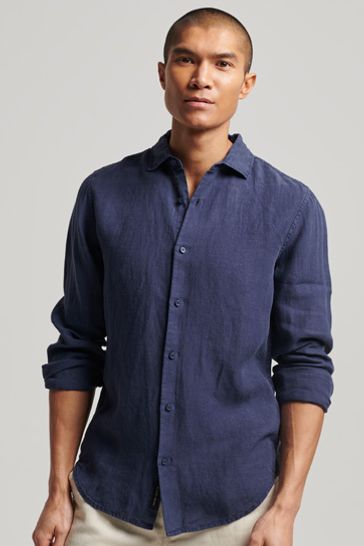 Superdry Patriot Blue Studios Casual Linen Long Sleeve Shirt