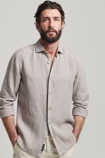 Superdry Ash Grey Studios Casual Linen Long Sleeve Shirt