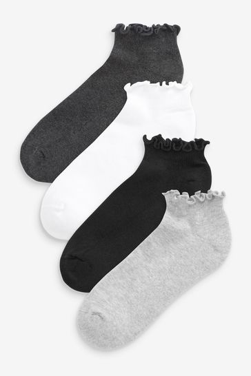 Monochrome Frill Top Cushion Sole Trainer Socks 4 Pack