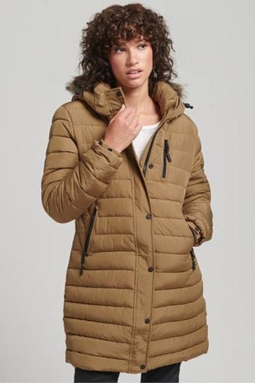 Superdry Brown Faux Fur Hooded Mid Length Puffer Jacket