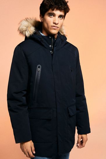 Springfield Blue Long Technical Parka With Furry Hood
