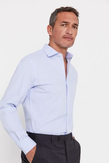 Cortefiel Slim Fit Blue Plain Easy-Iron Textured Dress Shirt