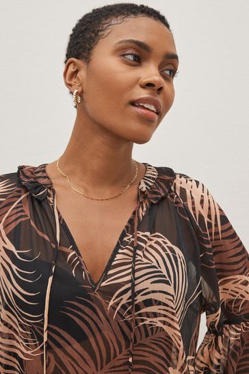 Buy Black Grey Feather Print Long Sleeve V Neck Sheer Blouse