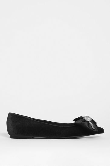 Simply Be Black Velvet Bow Trim Flat Extra Wide Shoes