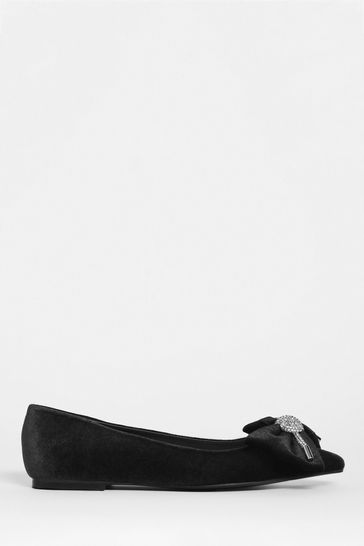Simply Be Black Velvet Bow Trim Flat Wide Shoes