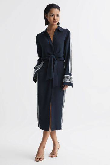 Reiss Navy Arabella Petite Side Stripe Tie Front Midi Dress