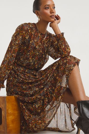 Buy JD Williams Ditsy Floral Shear Waisted Brown Dress With Cami